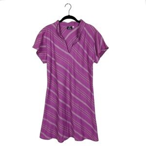 Floating Lotus Purple Striped Split Neck Cap Short Sleeve Summer Dress Size L